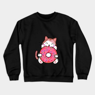 Funny Cat Eating a Donut, Kawaii Cat with Pink Donut Crewneck Sweatshirt